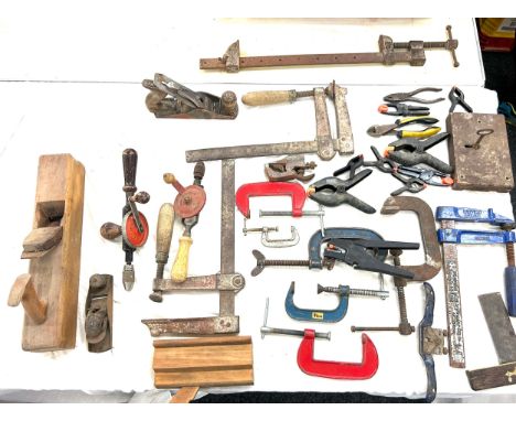 Large selection of tools including g clamps, drills, hand drills, files etc 