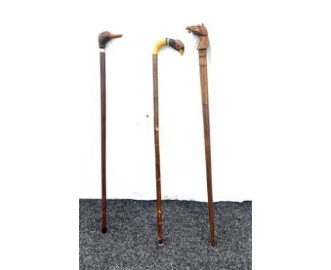 Selection of 3 vintage wooden walking sticks, with animal feature handles, pheasant, horse and duck 
