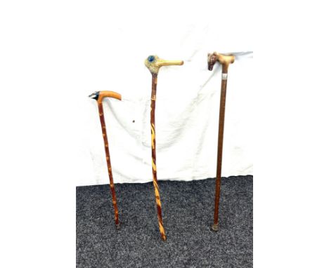 Selection of 3 vintage wooden walking sticks, with animal feature handles, horse, duck and badger 
