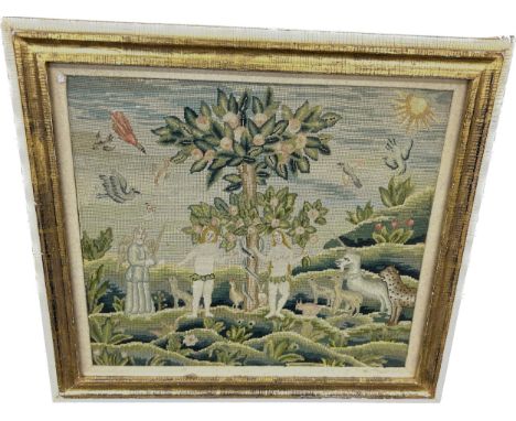 Large antique 17th/18th century framed tapestry sampler of Adam and Eve size approx 57 cm x 62 cm 