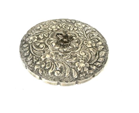 Antique vintage ornate silver mirror with silver hallmark, bird handle, diameter approximately 13.9cm 