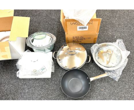 Brand new Tefal steamer aqua tower and a cooks essentials SS500 open stir fry pan and a cooks essential buffet pan 