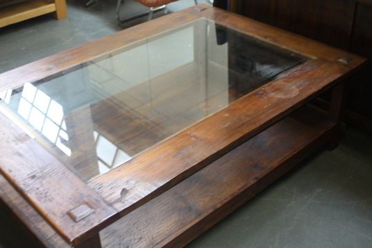 A Lombok Teak Coffee Table With Central Glass Pannel And Under Shelf 160cm X 110cm X 50cm High