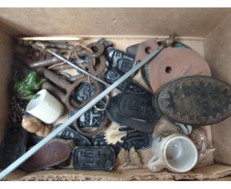 A mixed lot of items including some 18th and 19th century keys, some carved print blocks, a folding hunting knife, a mummifie