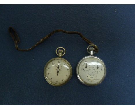 A British Army pocket stop watch, stamped 1/10 Sec VC/2534 8417, with military marks, with a Junghans Meister 15 Jewels split