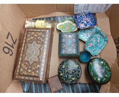 A selection of Chinese cloisonne enamel dishes and lidded pots, including a lidded pot with carved base, the lid decorated wi