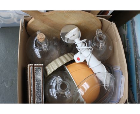 Two boxes of mixed items including ceramics and glass, Paragon, wedgewood, Art Deco wine glasses, glass cider jars, mixing bo