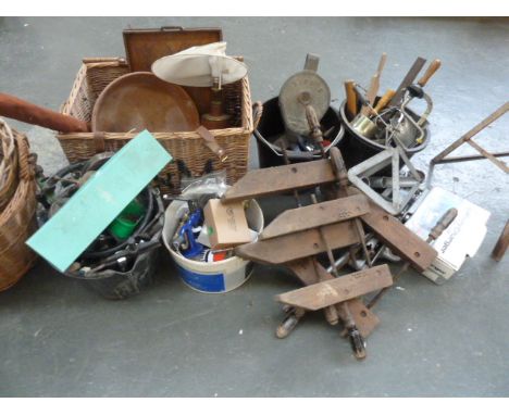 A mixed assortment of tools, vices, Fortnum and Mason hamper, 3 Rope winch, workmen's buckets, and car jacks