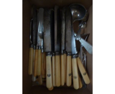 A set of twelve bone handle dinner knives, another set of eight, with various other pieces of silver plated and steel items o