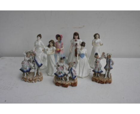 A collection of nine china figurines including four Royal Doulton; 'Melody', 'Christmas Parcels' 'Sentiments Greetings' 'Harm