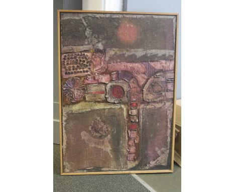 ROWLAND FADE (b1939) An abstract mixed media composition with thick impasto oil paint and hessian sacking on panel, signed an