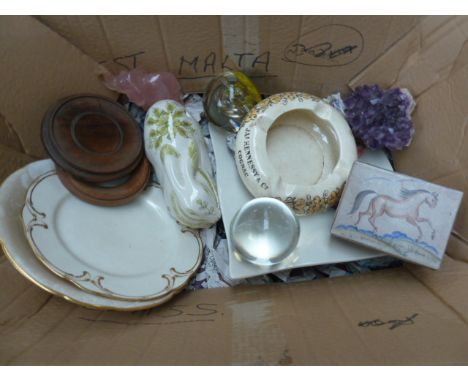 A mixed lot to include a glass paper weight, a rose quartz elephant, a ceramic condiment dish and cover in the form of a rabb