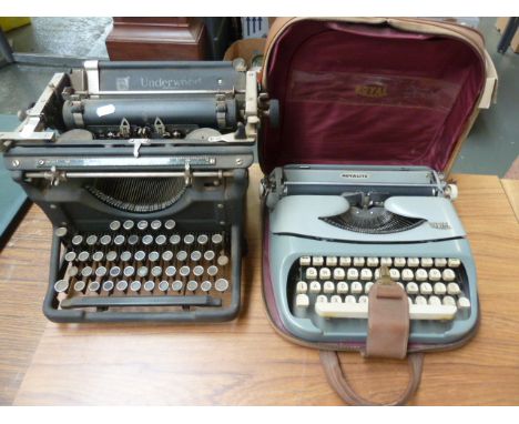 A vintage Underwood typewriter with a Royal Royalite typewriter in brown case