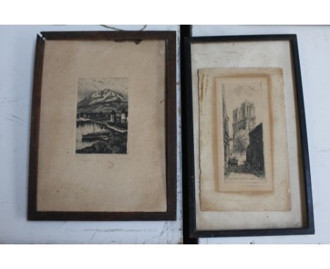 L. Robin, Paris Notre Dame, Rue St. Julien le Pauvre, etching, unframed together with another etching by H Clark of a townsca