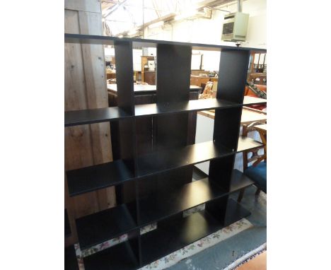 A black painted shelf unit, with four shelves with two dividers, 159cm W x 155H