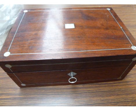 A Regency rosewood and mother of pearl jewellery box, with internal tray, with key, 25cmW 