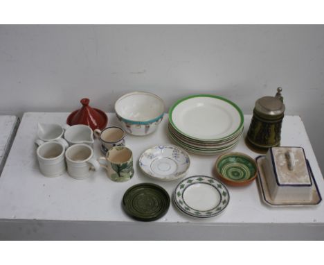 A quantity of ceramics including a blue and white butter dish and cover, Portmerion Meridian milk jug and two cups with anoth