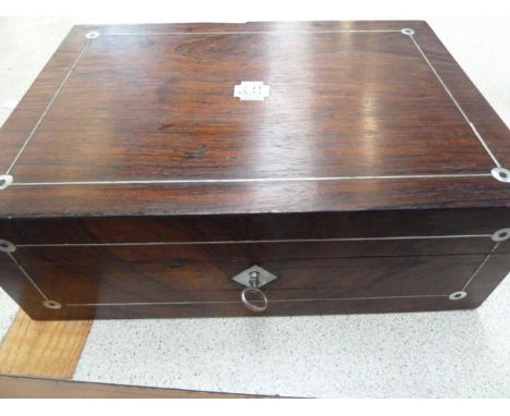 A Regency rosewood and mother of pearl jewellery box, with internal tray, with key, 28cmW