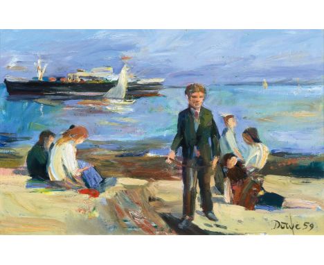 Harald Duwe (Hamburg 1926 - Tremsbüttel 1984). Am Strand. 1959. Öl/Hartfaser, 36 x 48 cm, r. u. sign. und dat. Duwe 59. - Sch
