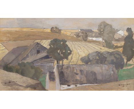 Ludwig Dill (Gernsbach 1848 - München 1940). Goldene Felder. 1903. Tempera, 35,5 x 59,5 cm, l. u. sign. L. Dill, r. u. dat. D