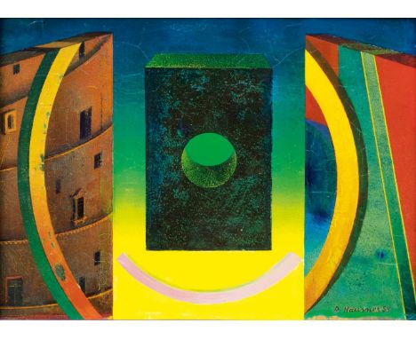 Rudolf Hausner (Wien 1914 - Mödling 1995). Schwarzer Stein. 1958. Öl und Tempera/Hartfaser, 12 x 17 cm, r. u. sign. und dat. 