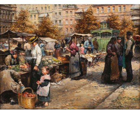 Detlev Nitschke (Berlin 1935). Gemüsemarkt in Berlin. Öl/Holz, 23,5 x 31 cm, r. u. sign. Nitschke. - Deutscher Veduten- und L