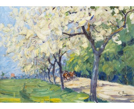 Carl Arp (Kiel 1867 - Jena 1913). Jenaer Landstraße/Weimar in Obstblüte. Wohl um 1901, Öl/Karton, 36 x 50,5 cm, r. u. sign. C