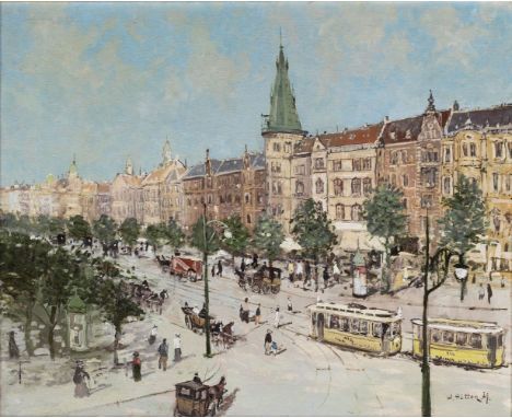 Wolfgang Hütten (Elberfeld 1922 - nach 1988). Straßenbahn in Düsseldorf. Öl/Lw., 50,5 x 60,5 cm, r. u. sign. W. Hütten Df. - 