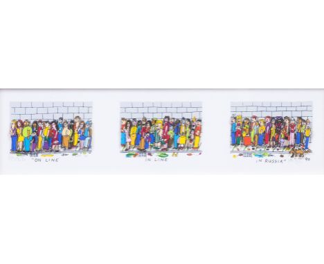 James Rizzi (New York 1950 - New York 2011). On line - in line - in Russia. 1990. Farbsiebdruck in zwei Ebenen, 5 x 28 cm, l.