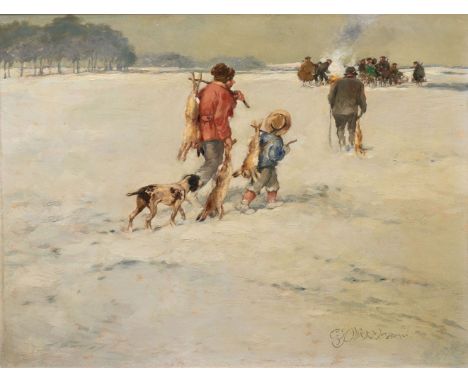 Carl Plückebaum (Düsseldorf 1880 - Düsseldorf 1952). Nach der Treibjagd. Öl/Karton, 41 x 50 cm, r. u. sign. C. Plückebaum, ve