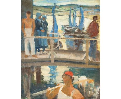 Ulrich Hübner (Berlin 1872 - Neubabelsberg 1932). Belebter Steg. Öl/Lw., 50 x 40 cm, r. u. sign. Ulrich Hübner. - Möglicherwe