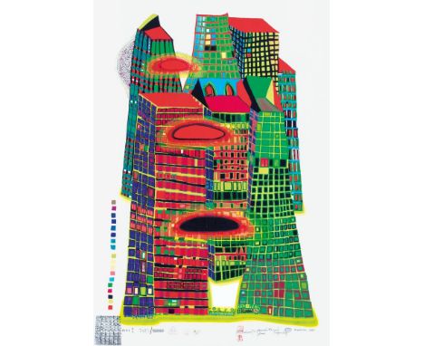 Friedensreich Hundertwasser (Wien 1928 - vor Australien 2000). Good morning city - Bleeding Town. 1970. Farbsiebdruck mit Met