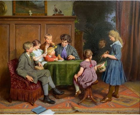 Felix Schlesinger (Lausanne 1833 - Hamburg 1910). Die Familie des Künstlers beim Musizieren. Öl/Lw., 58 x 74 cm, r. u. sign. 