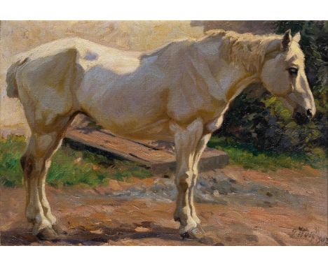 Georg Wolf (Niederhausb./Elsass 1882 - Uelzen 1962). Stehender Schimmel. 1907. Öl/Lw., 50,5 x 70,5 cm, r. u. sign. und dat. G