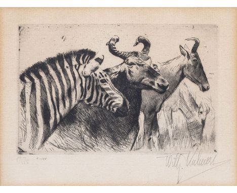 Wilhelm Kuhnert (Oppeln 1865 - Flims/CH 1926). Zebra und Gnus. 1923. Radierung mit Roulette, 10 x 15 cm, r. u. mit Bleistift 