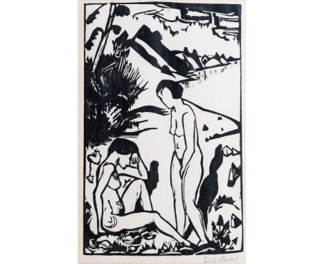 Erich Heckel (Döbeln 1883 - Radolfzell/Bodensee 1970). Badende am Strand. 1923. Holzschnitt, 41 x 26 cm, r. u. mit Bleistift 