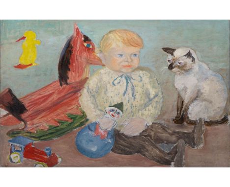 Reinhold Zulkowski (Bromberg 1899 - Hamburg 1966). Kind mit Katze und Spielzeug. Öl/Lw., 61 x 78 cm, auf dem Keilrahmen bez. 