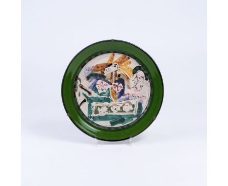 Gilbert Portanier (Cannes 1926). Künstlerteller. 1975. Keramik, farbig bemalt. Im Spiegel figürlich-abstrakte Komposition, si