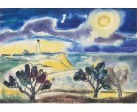 Ernst Mollenhauer (Tapiau 1892 - Düsseldorf 1963). Leuchtturm auf einer Steilküste. 1961. Aquarell, 28 x 40,5 cm, u. Mitte si