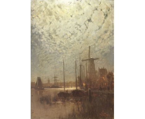 Walter Moras (Berlin 1856 - Berlin 1925). Hafen von Amsterdam. Öl/Holz, 32,5 x 24 cm, r. u. sign. W. Moras. - Berliner Landsc
