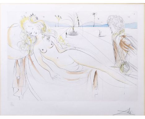 Salvador Dalí (Figueres 1904 - Figueres 1989). Venus au Joueur d'Orgue. 1971. Kolorierte Kaltnadel, 39 x 58 cm, r. u. mit Ble