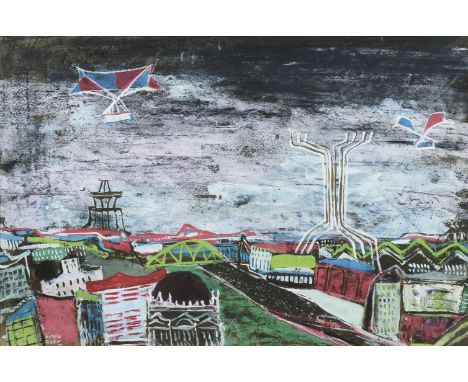 Arnold Fiedler (Hamburg 1900 - Hamburg 1985). Zukunftsstadt. 1947. Tempera, 49,5 x 73,5 cm, l. u. sign. und dat. Arnold Fiedl