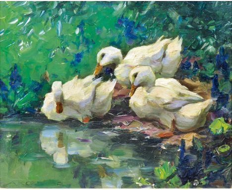 Alexander Koester (Bergneustadt 1864 - München 1932). Drei Enten. 1898-1900. Öl/Papier/Karton, 24 x 30 cm, l. u. sign. A. Koe