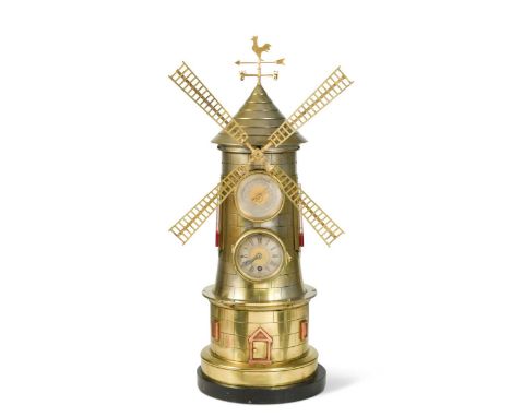 Andre Romain Guilmet, a French brass automaton windmill clock, circa 1890, the weathervane top above a tapering roof and faux