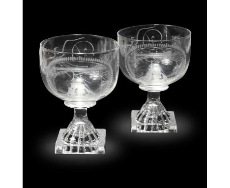 Two Sunderland Bridge glass rummers, the bowls engraved with the bridge, the opposing side with the initial D, lemon squeezer
