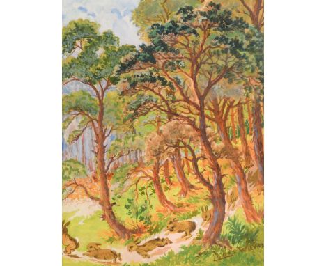 Rabbits running along a woodland tracksigned 'Louis Wain' (lower right)gouache on paper21.5 x 16.5cm41 x 36.5cm framedOverall