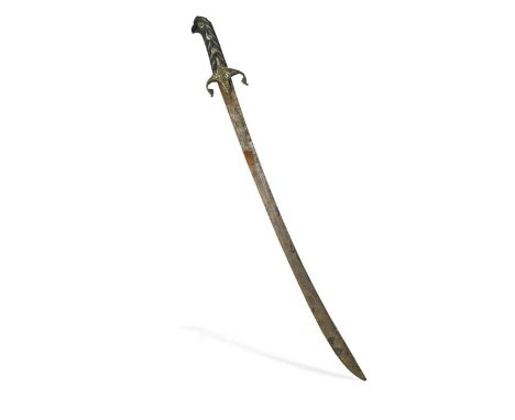 A Turkish / Ottoman short sword, 18th or 19th century, with studded chevron-grooved wood hilt, the metal guard with down-curv