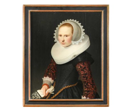 Portrait of a young lady, wearing a ruff, lace cap, embroidered black satin bodice, coral bracelet and white gloves held in h