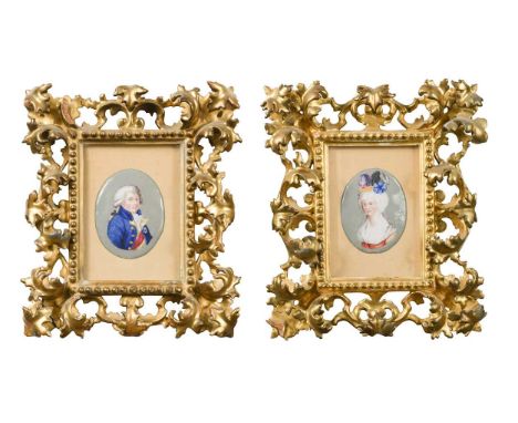 A pair of portrait miniatures reputed to be George III and Queen Charlotte, with the inscription ‘Long Live the King’oil on c