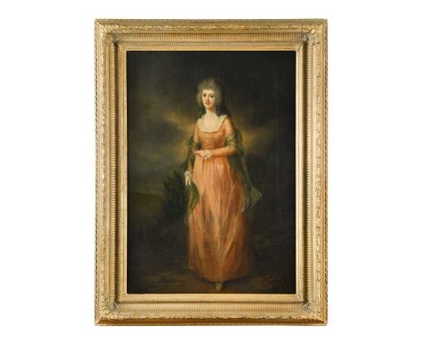 Portrait of a lady, full length, in a pink dress and blue shawl, in a landscapeoil on canvas66 x 46cmFramed 83.5 x 62.5cmOil 